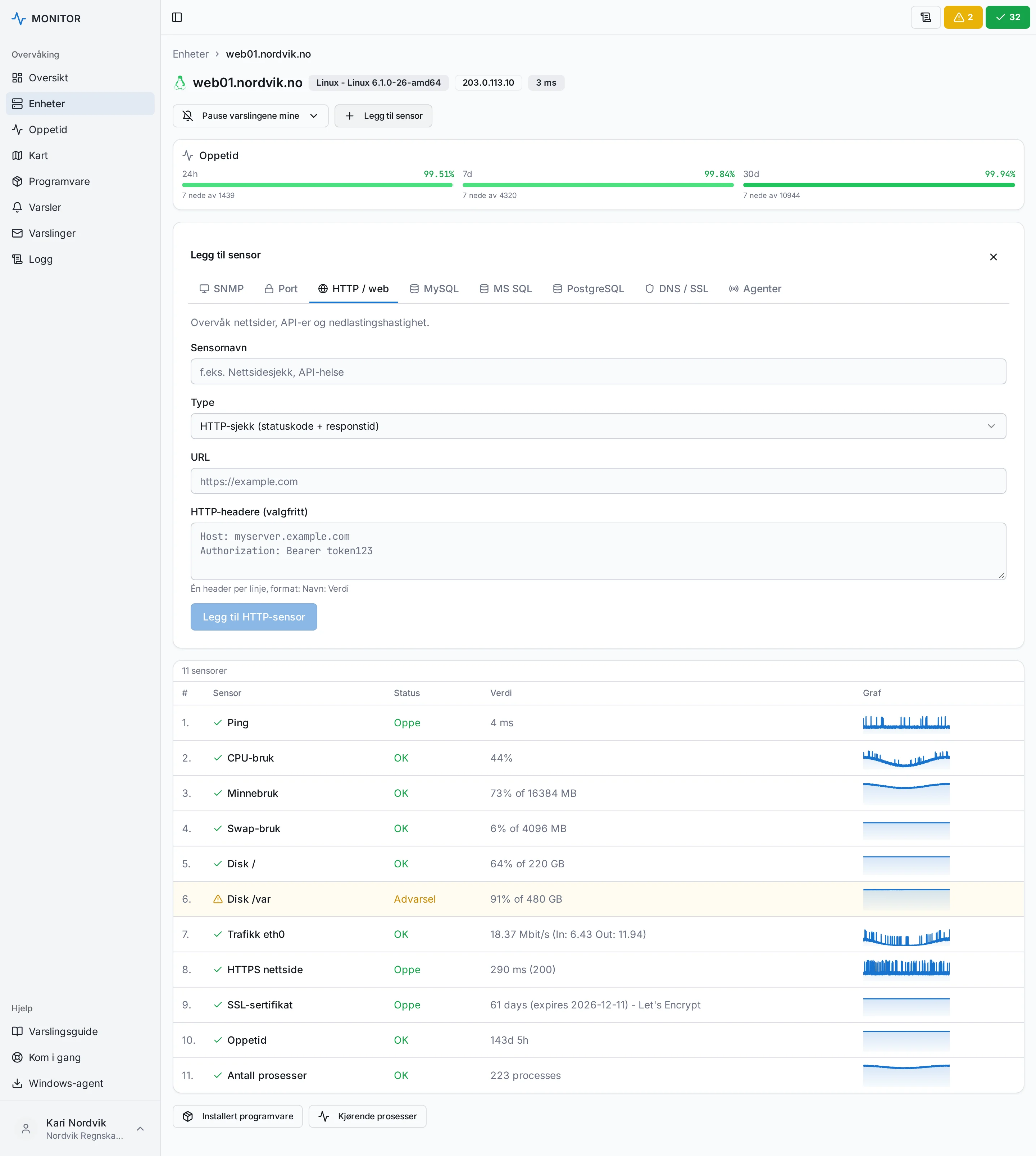 Legg til sensor: HTTP, port, MySQL, DNS/SSL
