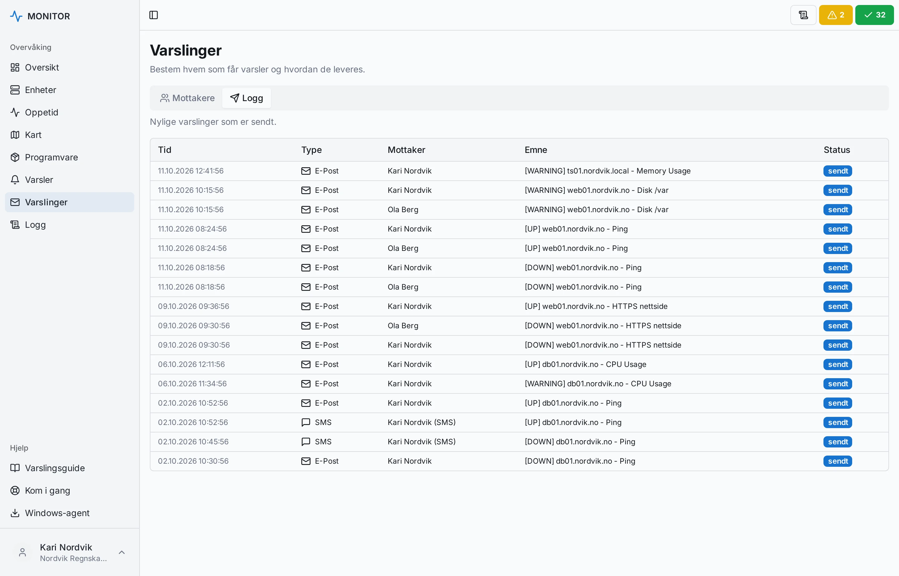 Logg over sendte varslinger