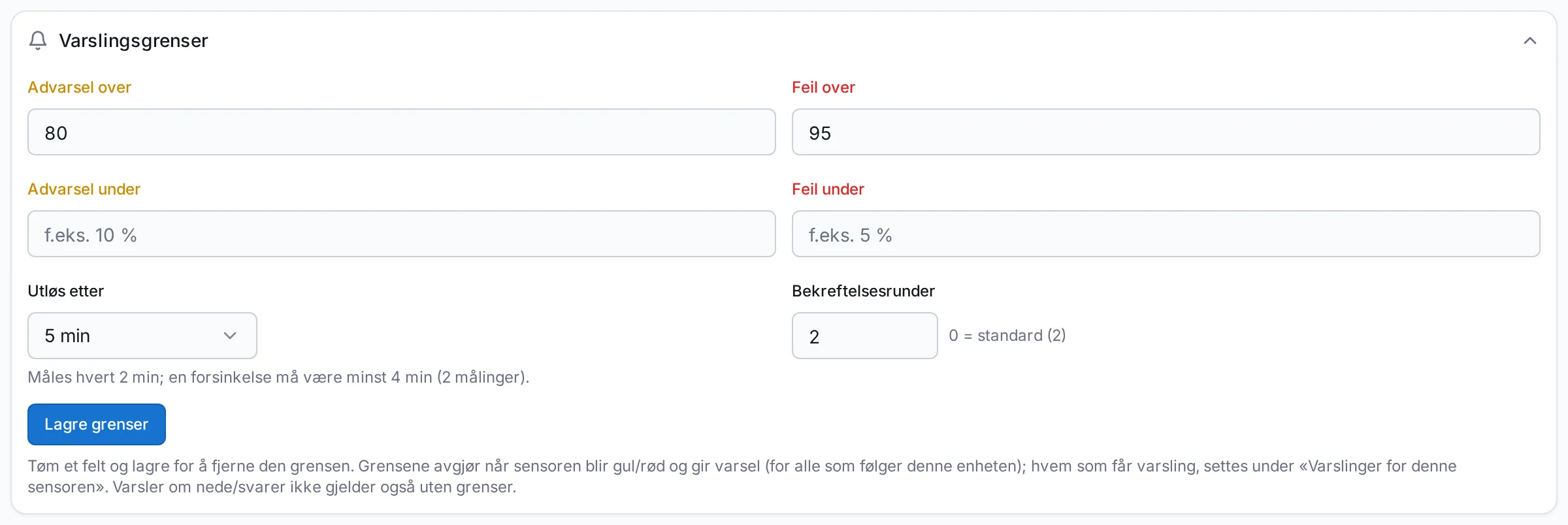 Varslingsgrenser for en sensor
